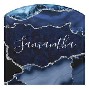Blue and Faux Silver Glitter Marble Agate Door Sign