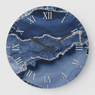 Blue and Faux Silver Glitter Marble Agate Large Clock