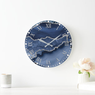 Blue and Faux Silver Glitter Marble Agate Large Clock