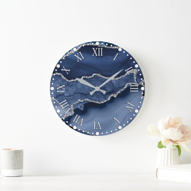 Blue and Faux Silver Glitter Marble Agate Large Clock (Home)