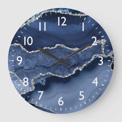 Blue and Faux Silver Glitter Marble Agate Large Clock