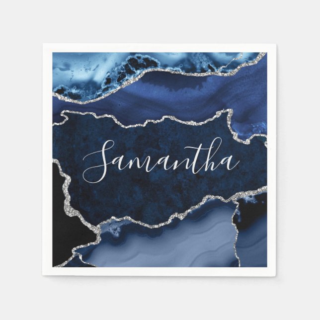 Blue and Faux Silver Glitter Marble Agate Napkins (Front)