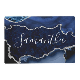 Blue and Faux Silver Glitter Marble Agate Placemat