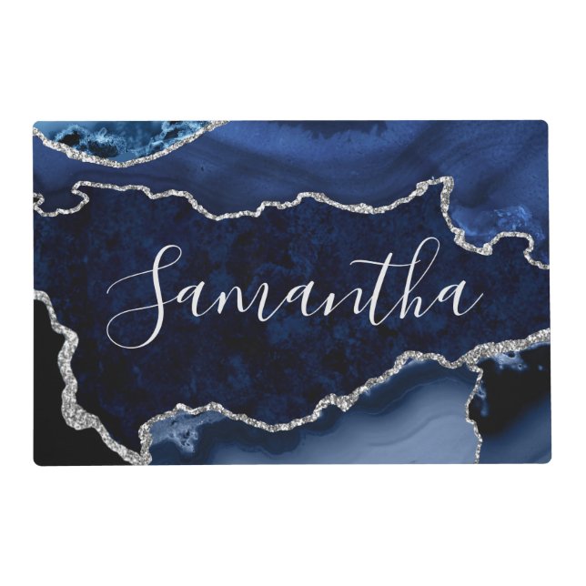 Blue and Faux Silver Glitter Marble Agate Placemat (Front)