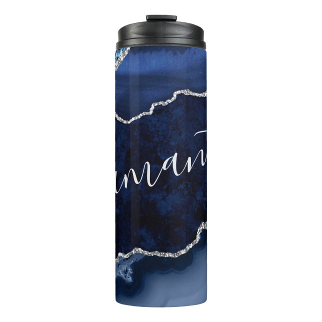 Blue and Faux Silver Glitter Marble Agate Thermal Tumbler (Front)