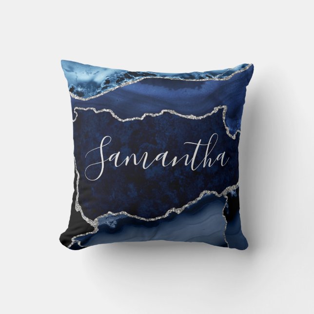 Blue and Faux Silver Glitter Marble Agate Throw Pillow (Front)