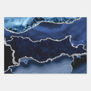 Blue and Faux Silver Glitter Marble Agate Wrapping Paper Sheets