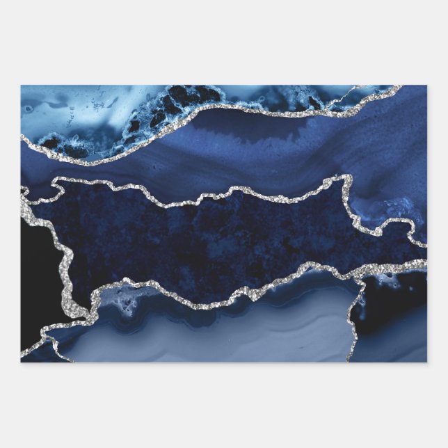 Blue and Faux Silver Glitter Marble Agate Wrapping Paper Sheets (Front)