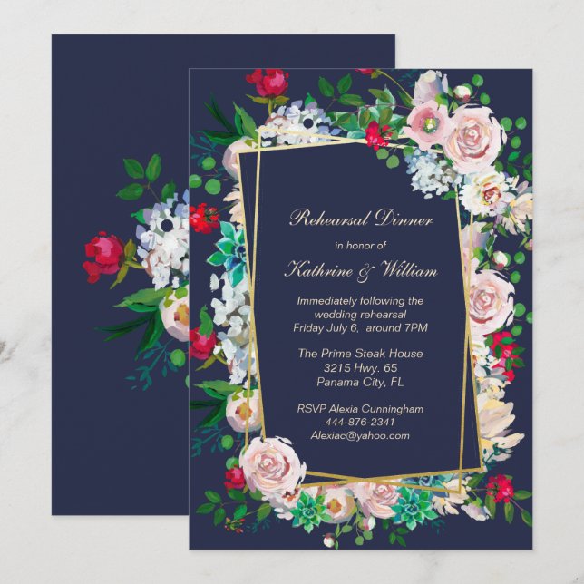 Blue and Floral Frame Wedding Rehearsal Dinner Invitation (Front/Back)