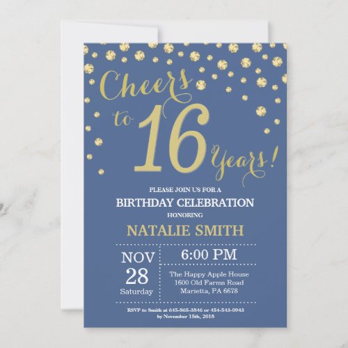 Blue and Gold 16th Birthday Diamond Invitation