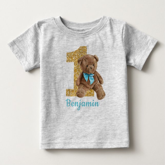 Blue and Gold 1st Birthday Teddy Bear Baby T-Shirt (Front)