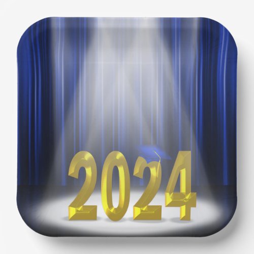 Blue and Gold 2024 Graduation in Spotlight  Paper Plates