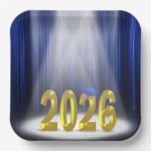 Blue and Gold 2026 Graduation in Spotlight  Paper Plates