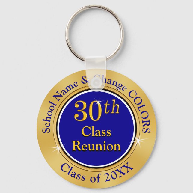 Blue and Gold 30 year High School Reunion Ideas Keychain (Front)
