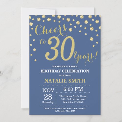 Blue and Gold 30th Birthday Diamond Invitation