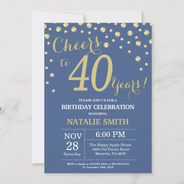 Blue and Gold 40th Birthday Diamond Invitation (Front)