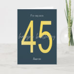 Blue and Gold 45th Birthday Card<br><div class="desc">A personalized navy blue and gold 45th birthday card for him. The front features the number 45 in a gold gradient with a happy birthday message. You will be able to easily personalize the front with his name, the inside card birthday message and the back with the year. This personalized...</div>