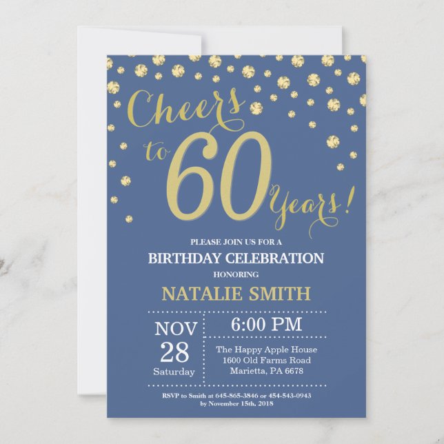 Blue and Gold 60th Birthday Diamond Invitation (Front)