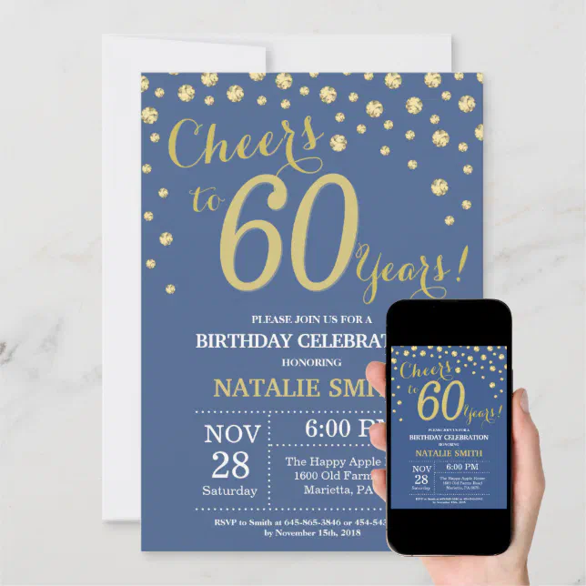 Blue and Gold 60th Birthday Diamond Invitation | Zazzle