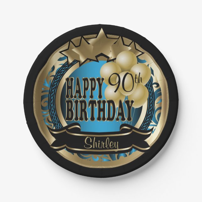 Blue and Gold Abstract 00th Birthday Star Paper Plates (Front)