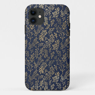 Blue and Gold Abstract Art Deco Leaves Pattern  iPhone 11 Case