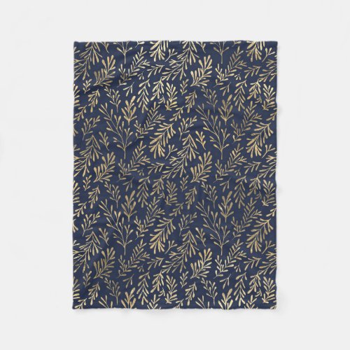 Blue and Gold Abstract Art Deco Leaves Pattern  Fleece Blanket