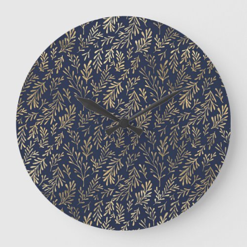 Blue and Gold Abstract Art Deco Leaves Pattern  Large Clock