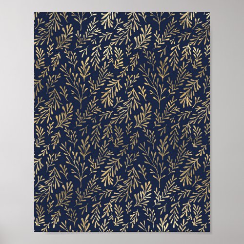 Blue and Gold Abstract Art Deco Leaves Pattern Poster