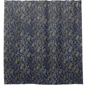 Blue and Gold Abstract Art Deco Leaves Pattern Shower Curtain