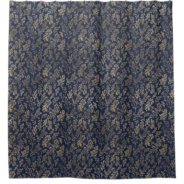 Blue and Gold Abstract Art Deco Leaves Pattern  Shower Curtain (Front)
