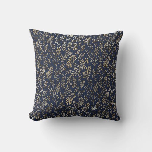 Blue and Gold Abstract Art Deco Leaves Pattern Throw Pillow