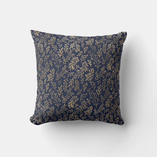 Blue and Gold Abstract Art Deco Leaves Pattern Throw Pillow (Front)