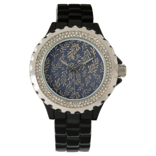 Blue and Gold Abstract Art Deco Leaves Pattern  Watch
