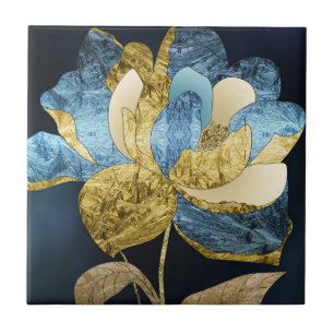 Blue and Gold Abstract Flower with Textured Petals Ceramic Tile
