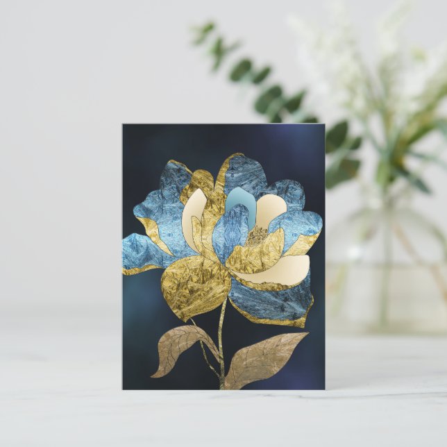 Blue and Gold Abstract Flower with Textured Petals Postcard (Standing Front)