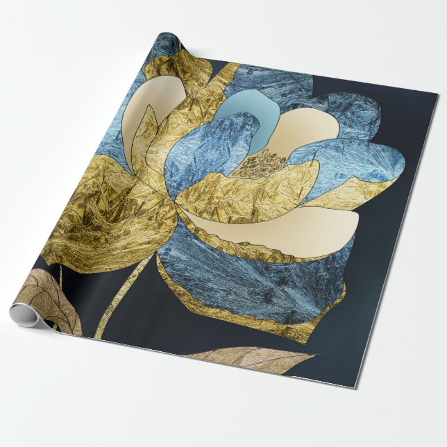 Blue and Gold Abstract Flower with Textured Petals Wrapping Paper (Unrolled)