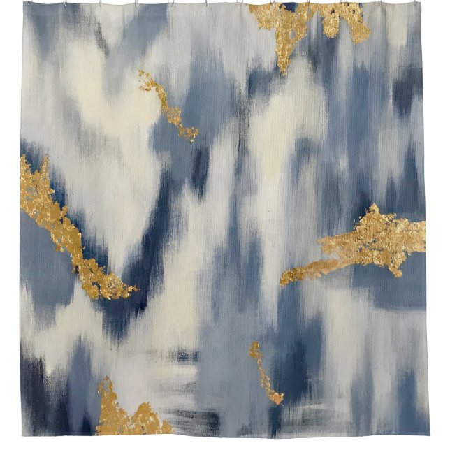 Blue and Gold Abstract Ikat Pattern Shower Curtain (Front)