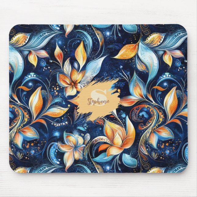Blue and Gold Abstract Paisley Leaves (2) Mouse Pad (Front)