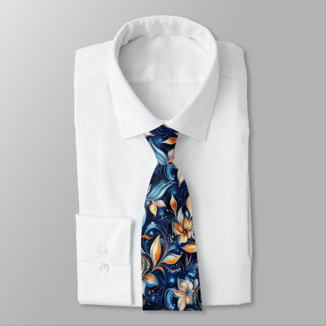 Blue and Gold Abstract Paisley Leaves (2) Neck Tie (Tied)