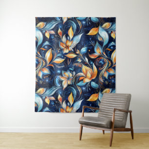 Blue and Gold Abstract Paisley Leaves (2) Tapestry