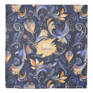 Blue and Gold Abstract Paisley Leaves Duvet Cover