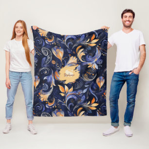 Blue and Gold Abstract Paisley Leaves Fleece Blanket