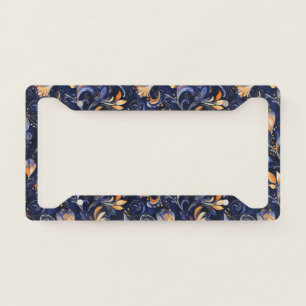Blue and Gold Abstract Paisley Leaves License Plate Frame