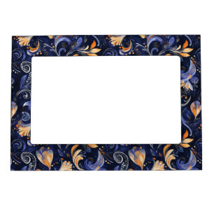Blue and Gold Abstract Paisley Leaves Magnetic Frame
