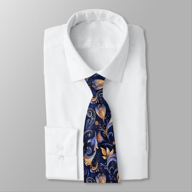 Blue and Gold Abstract Paisley Leaves Neck Tie (Tied)