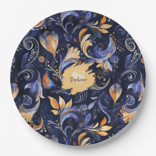 Blue and Gold Abstract Paisley Leaves Paper Plates