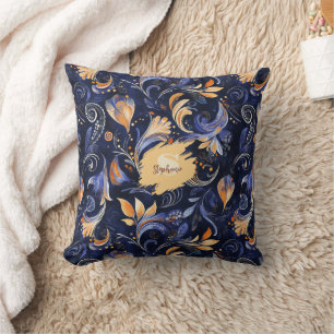 Blue and Gold Abstract Paisley Leaves Throw Pillow