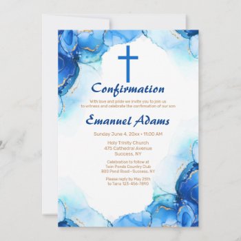 Blue And Gold Abstract Religious Invitation by CottonLamb at Zazzle