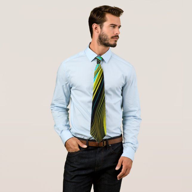 Blue and Gold Abstract Silk and Satin Rolls Neck Tie (In Situ)