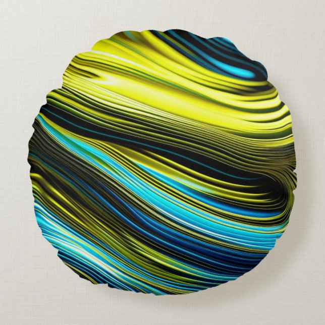 Blue and Gold Abstract Silk and Satin Rolls Round Pillow (Front)